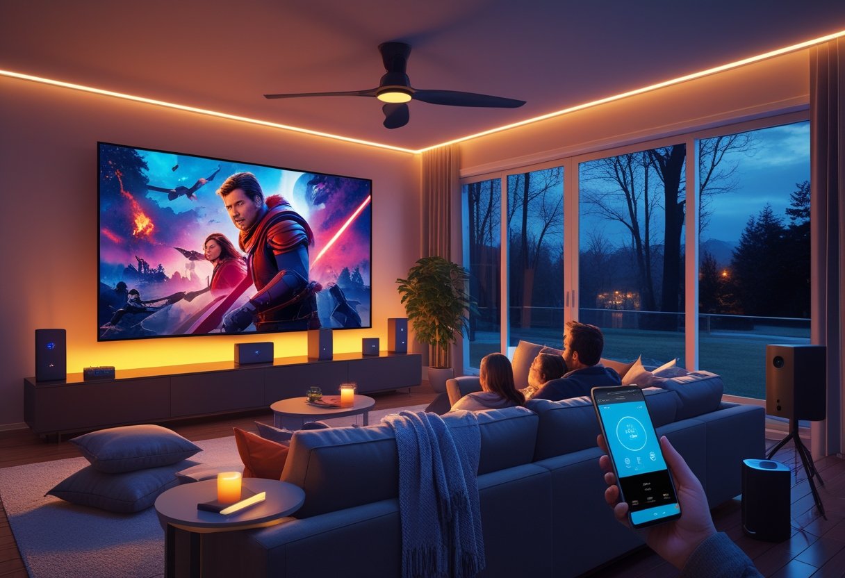 A family watching a movie in a cozy living room with warm lighting and smart home devices controlling the temperature and entertainment.