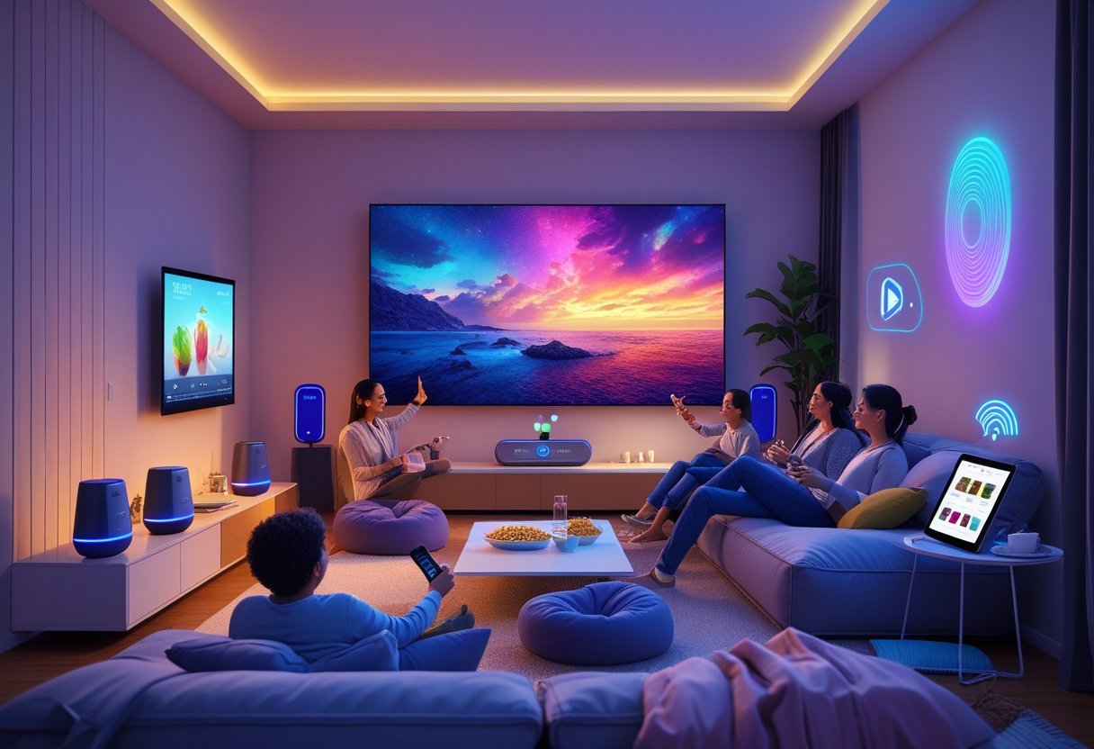A group of people enjoying a movie night in a living room with smart home devices like voice speakers, colorful ambient lights, and a large TV.