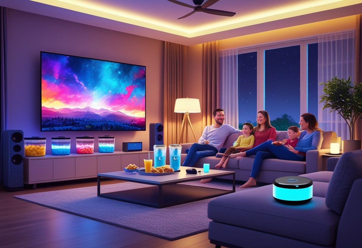 A family enjoying a movie night in a living room with smart lighting, snack dispensers, and refreshing beverages on a coffee table.