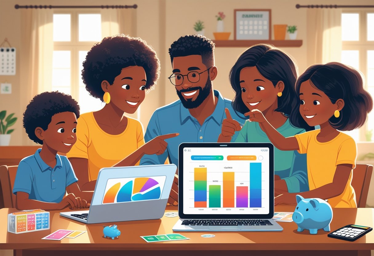 A family of four gathered around a table using a laptop and tablet to plan their budget together in a cozy living room.