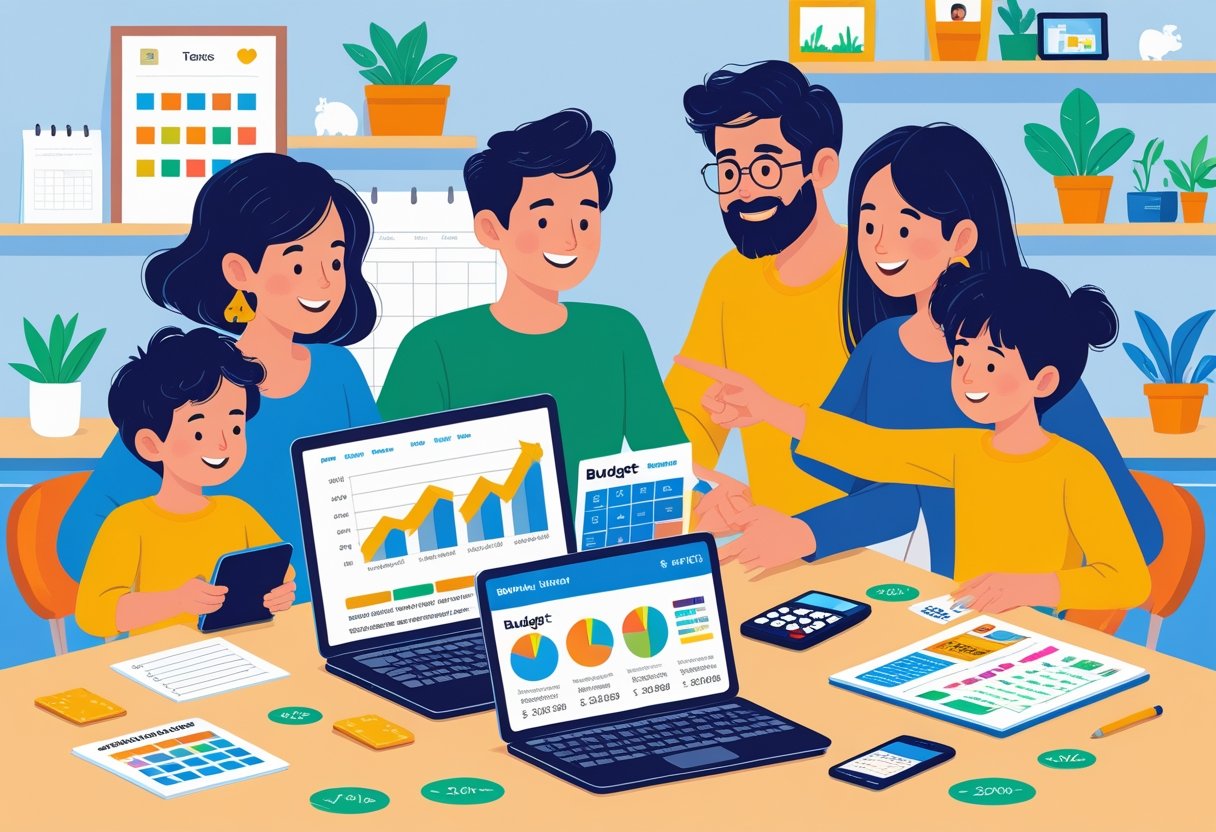 A family of four gathered around a table using a laptop and smartphone to plan their household budget together.