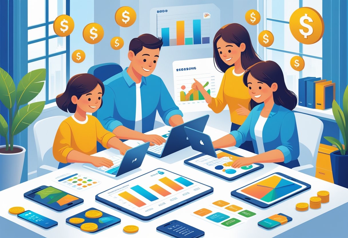 A family of four working together around a table with digital devices displaying financial charts, setting up a family budget using financial technology.