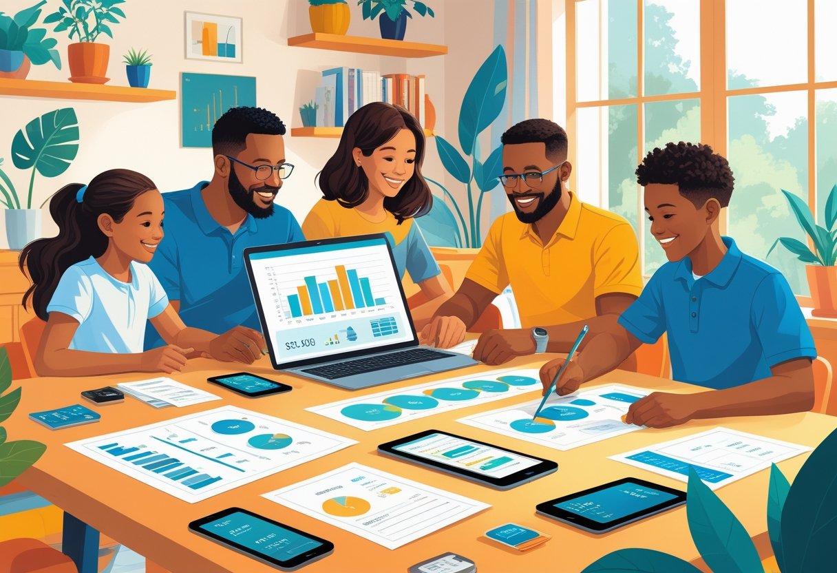 A family of four gathered around a table using a laptop, tablet, and smartphone to set up a budget together in a bright living room.