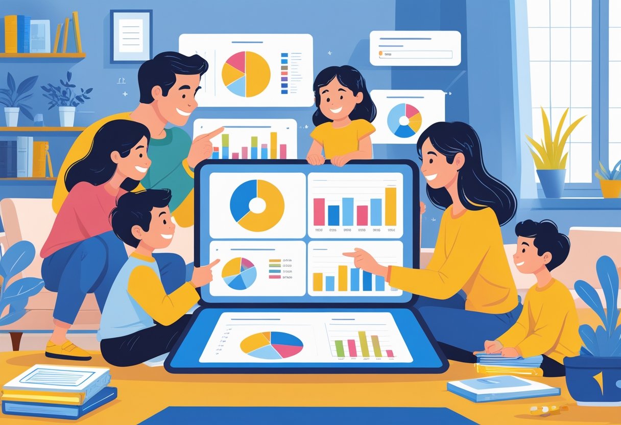 A family gathered around a tablet displaying financial charts, working together to manage their budget in a cozy living room.